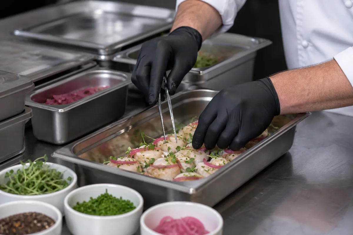 Cuisinier remplissant des bacs inox de préparations froides en cuisine professionnelle