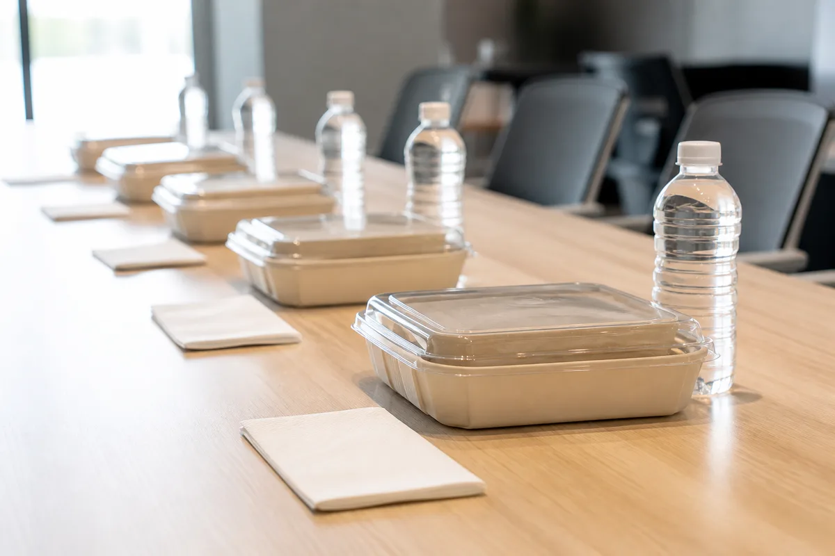 Plateaux repas individuels alignés sur une table de réunion près d&rsquo;une baie vitrée