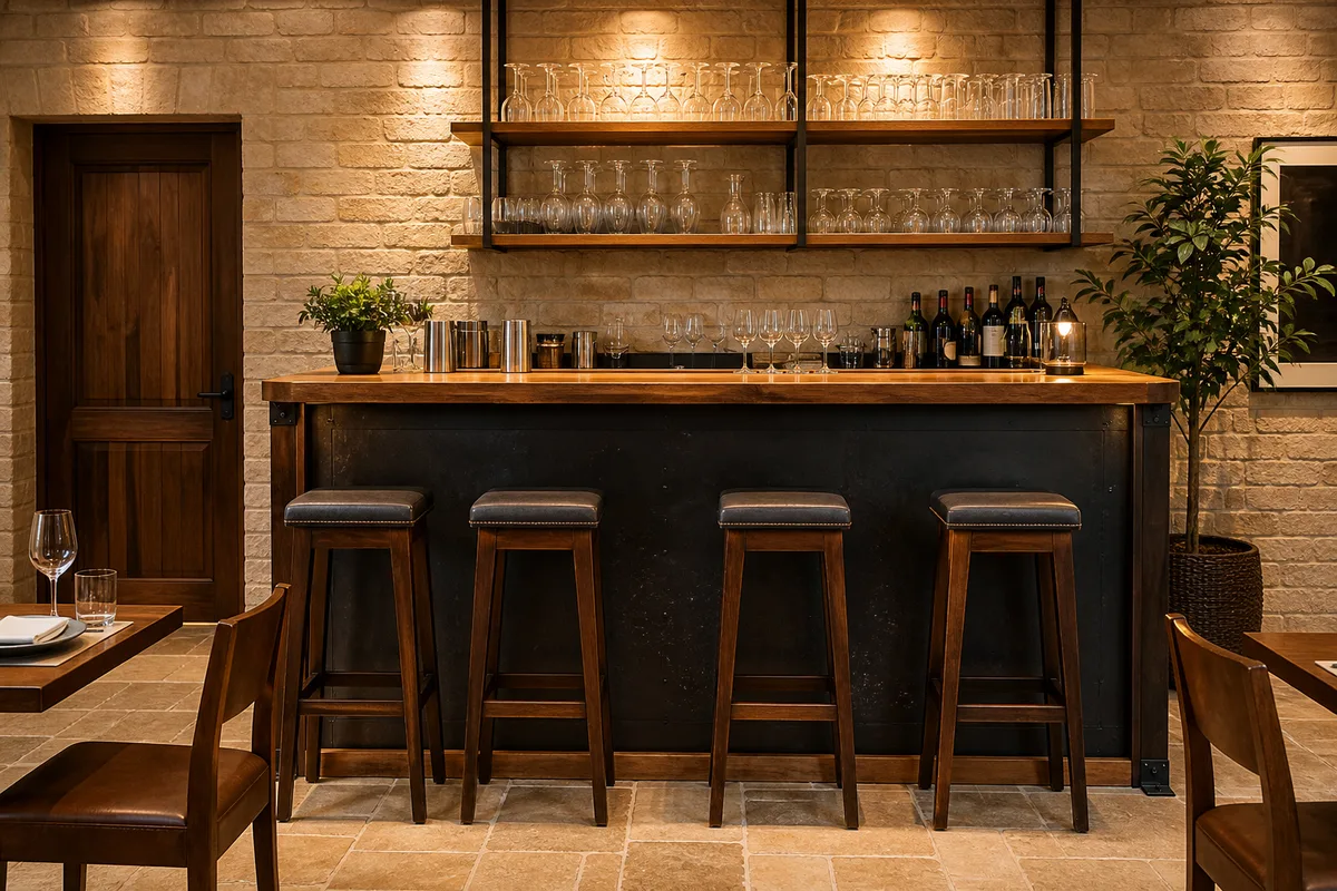 Comptoir de bar compact adossé à un mur dans un petit restaurant
