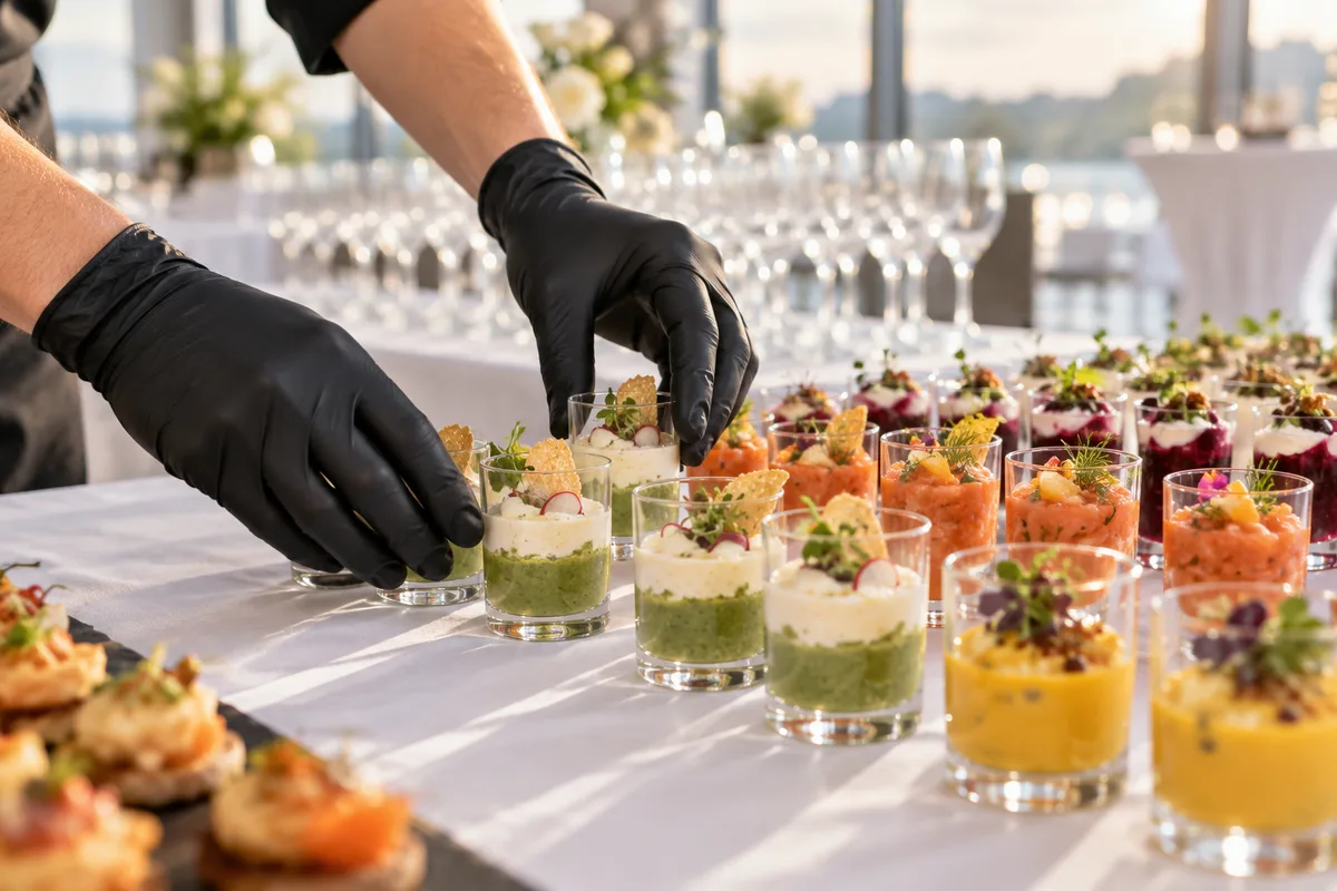 Mains gantées disposant des verrines sur un buffet nappé de blanc avant une réception