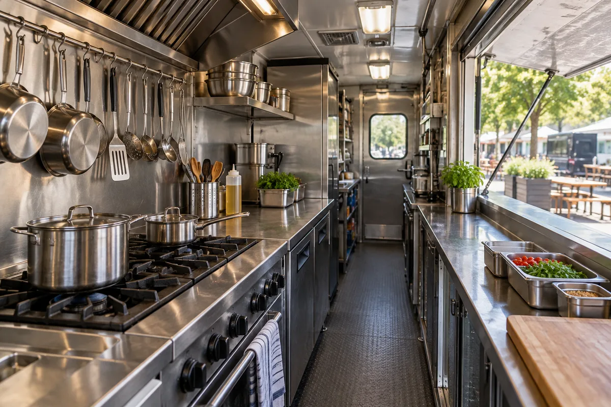Plaque de cuisson et ustensiles inox rangés dans la cuisine étroite d’un camion aménagé