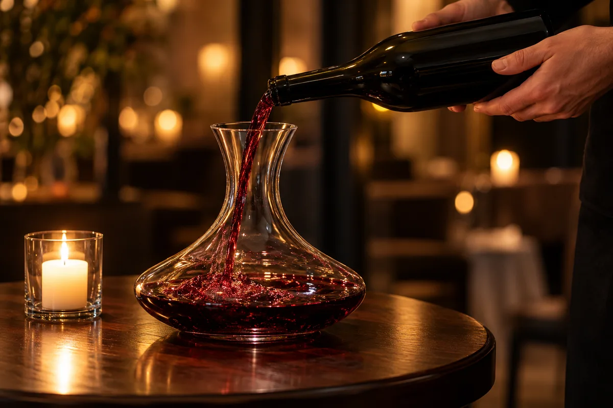 Mains décantant un vin rouge dans une carafe en cristal sur un guéridon éclairé à la bougie