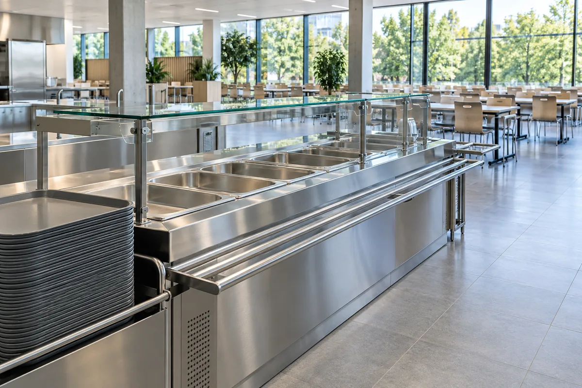 Ligne de distribution en inox d&rsquo;un restaurant d&rsquo;entreprise vide avant le déjeuner