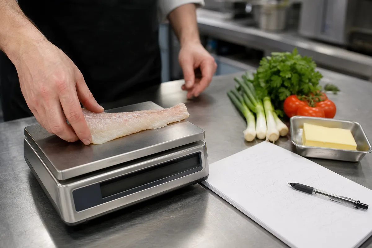 Fiche de pesée d’ingrédients sur une balance de cuisine professionnelle