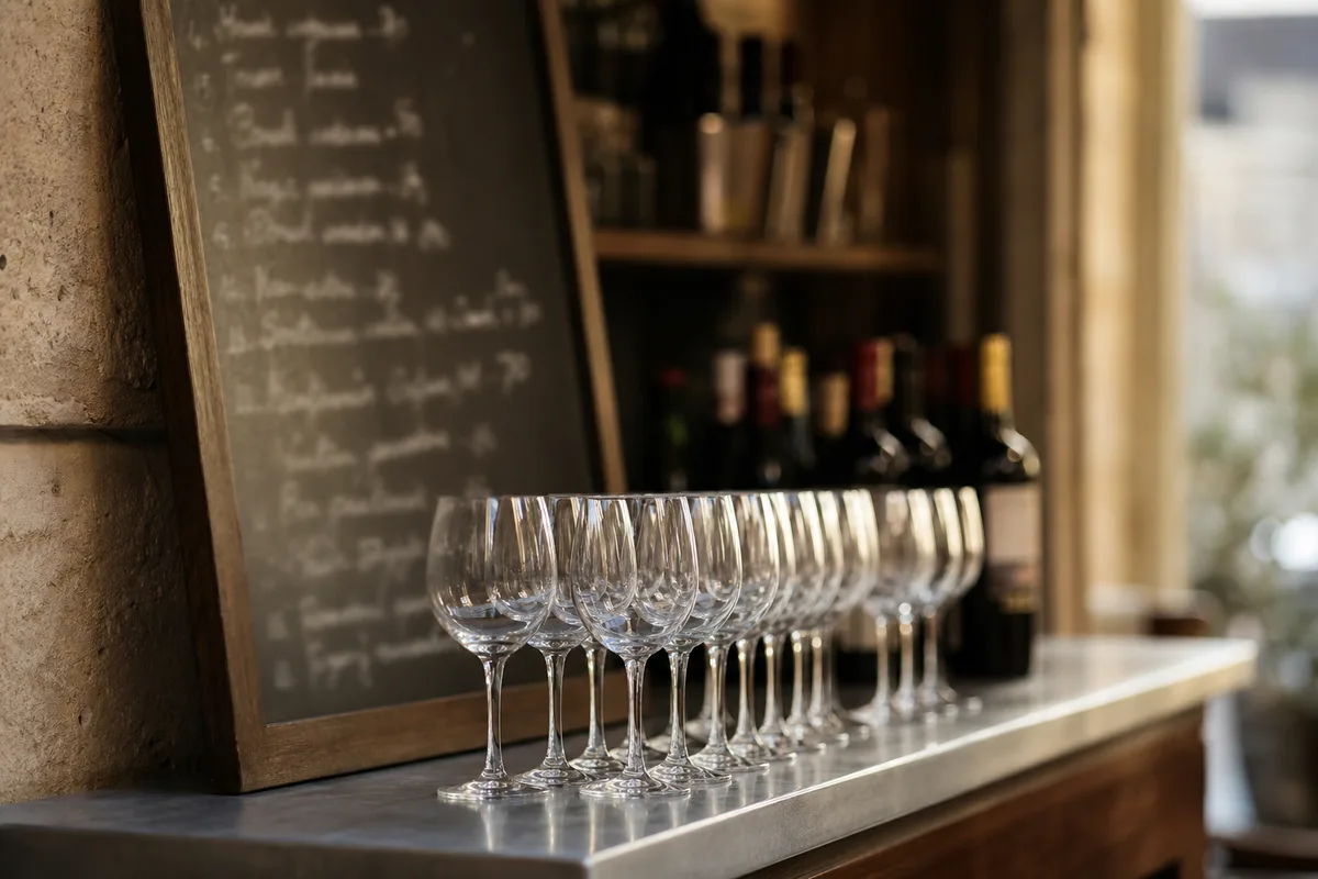 Ardoise de menu et verres alignés sur le comptoir d’un bistrot