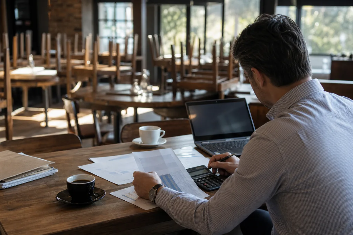 Gérant de restaurant vérifiant des documents comptables avec une calculatrice en salle