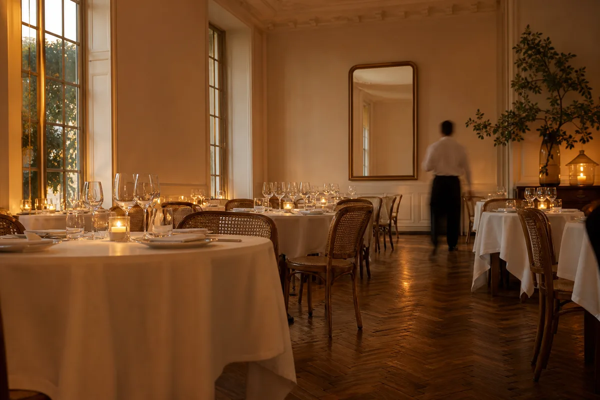 Salle de restaurant en lumière douce avec tables dressées et silhouette de dos