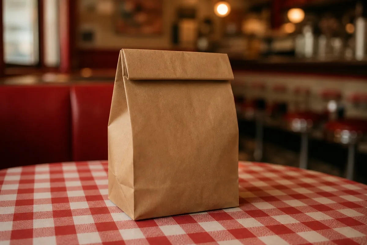 Doggy bag en papier kraft fermé sur une table de diner américain vintage
