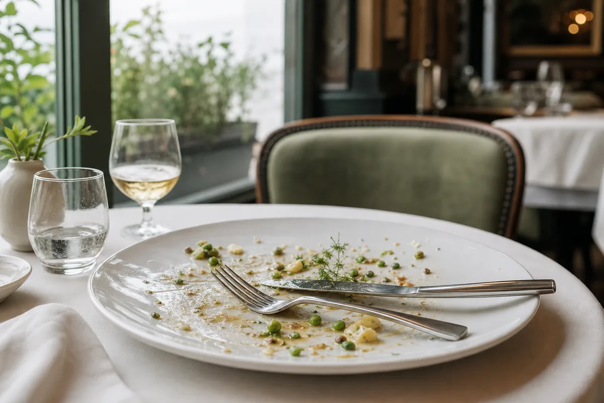 Assiette entamée sur une table de restaurant, reste de repas non terminé