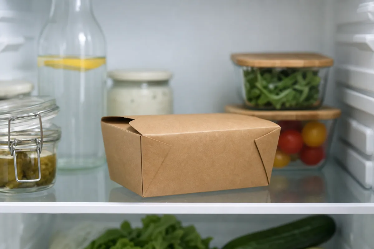 Boîte doggy bag en kraft fermée posée sur une étagère de réfrigérateur