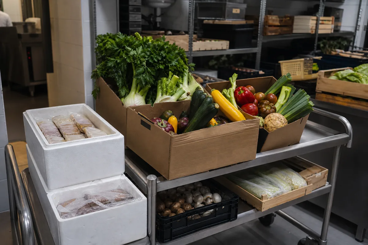 Réserve de restaurant avec étagères inox et caisses de produits rangées