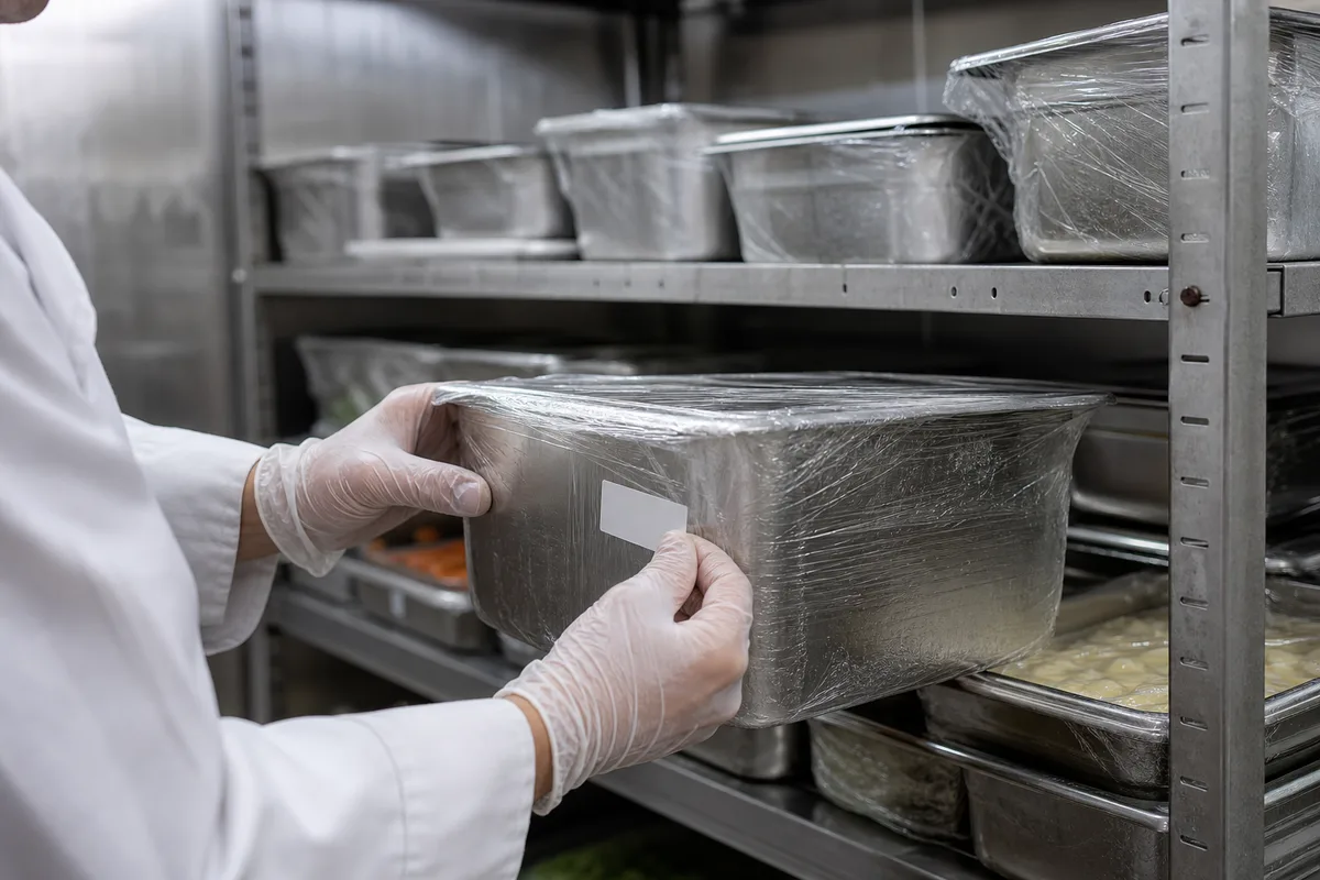 Étiquetage de dates sur des bacs alimentaires dans une chambre froide professionnelle