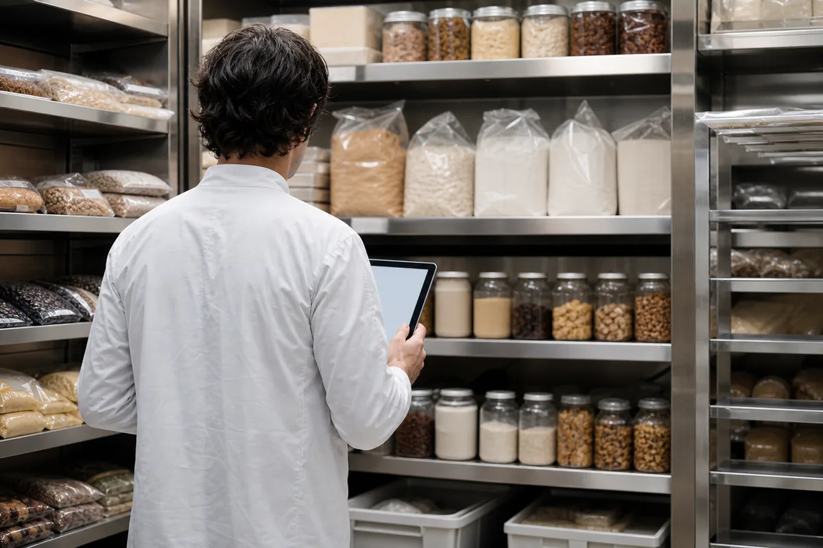 Cuisinier notant un comptage de stock sur une tablette dans une réserve professionnelle