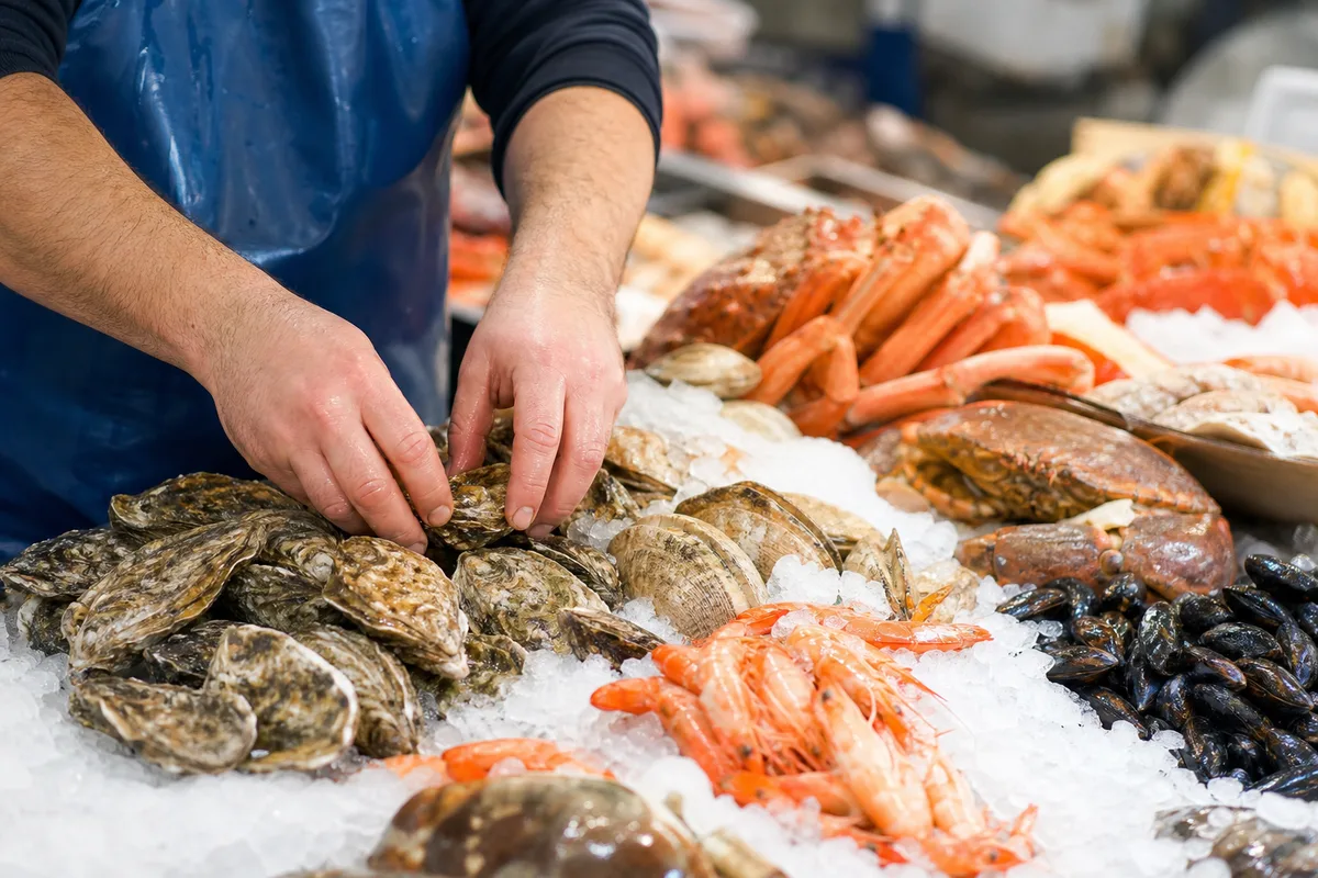 Écailler préparant un plateau de fruits de mer sur un étal de poissonnerie