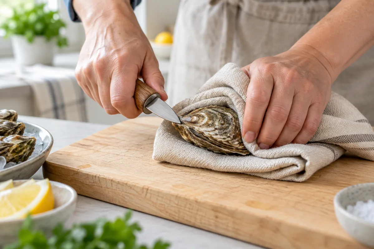 Mains protégées par un torchon plié maintenant une huître fermée sur une planche en bois