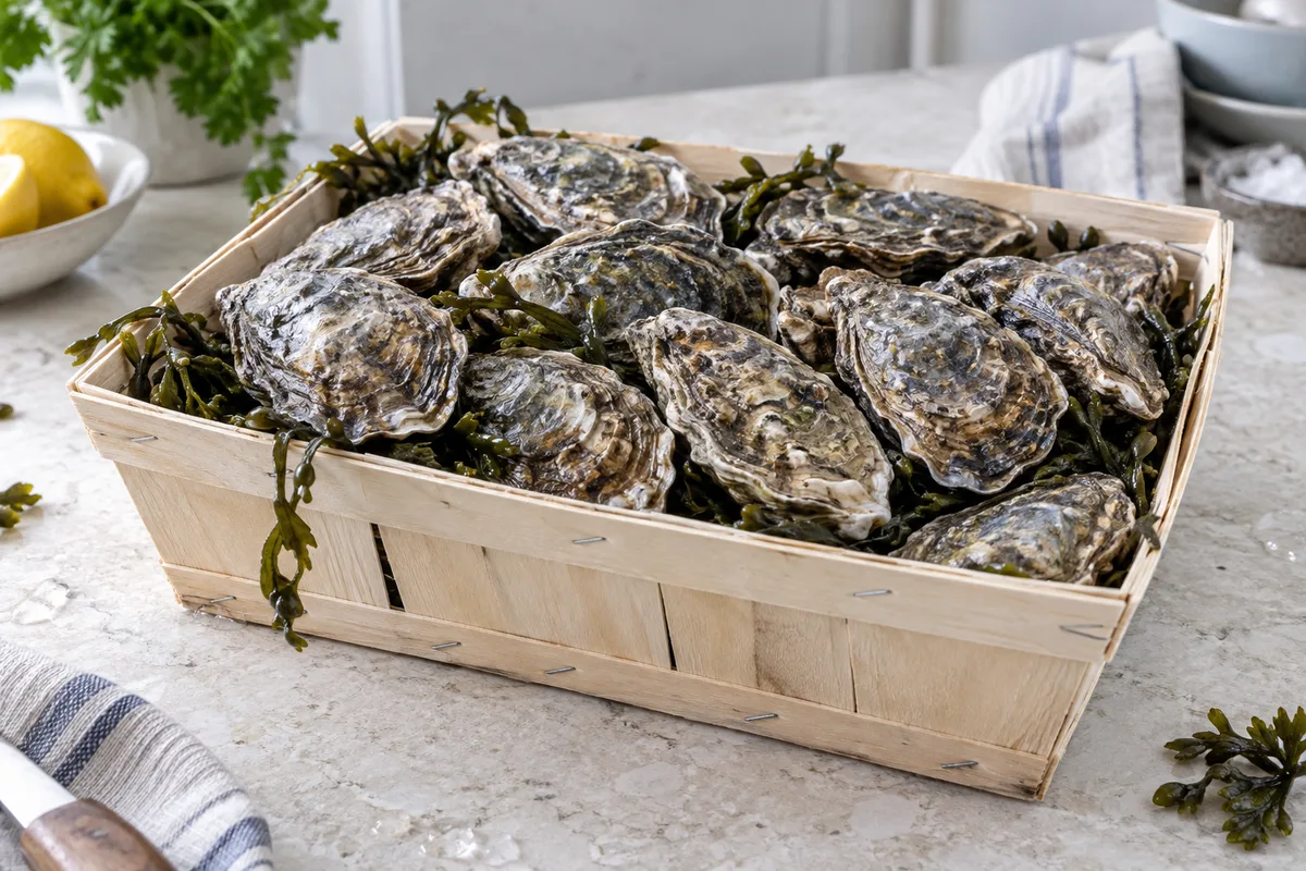 Bourriche en bois remplie d&rsquo;huîtres fermées, posée sur un plan de travail de cuisine