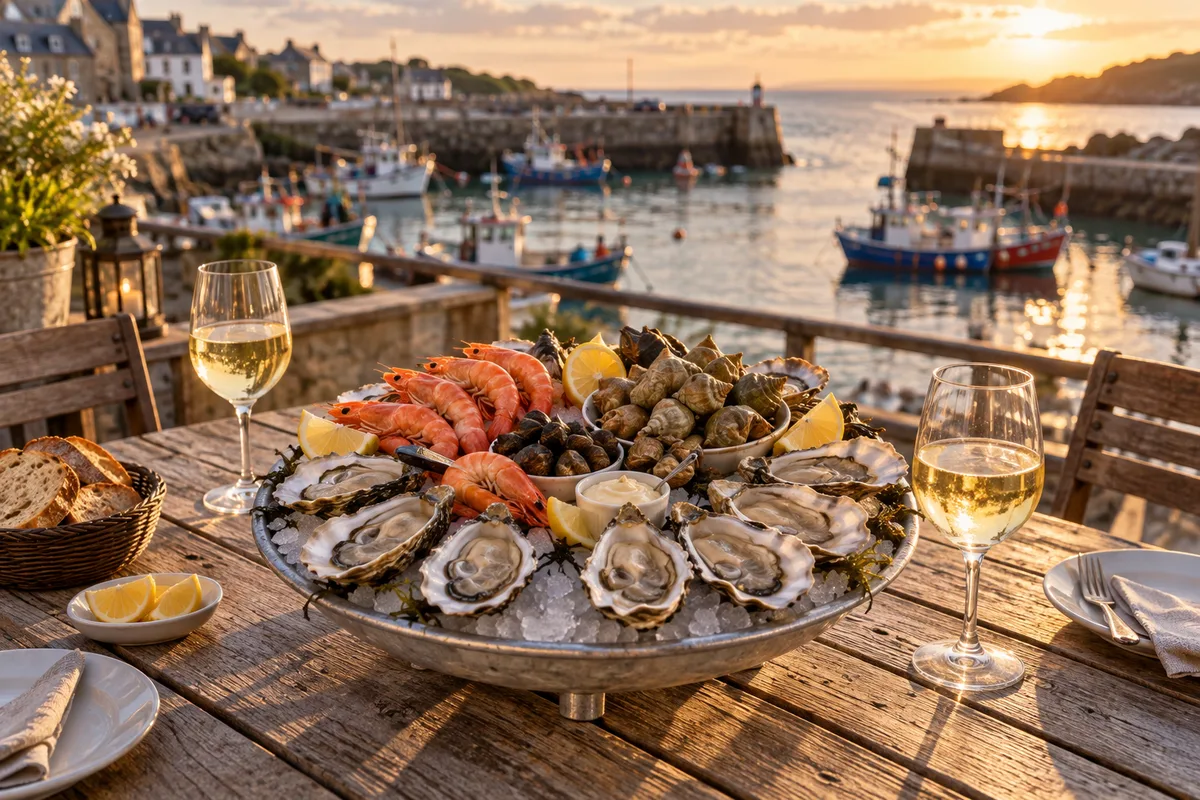 Plateau de fruits de mer sur une table en terrasse face au port, en fin de journée