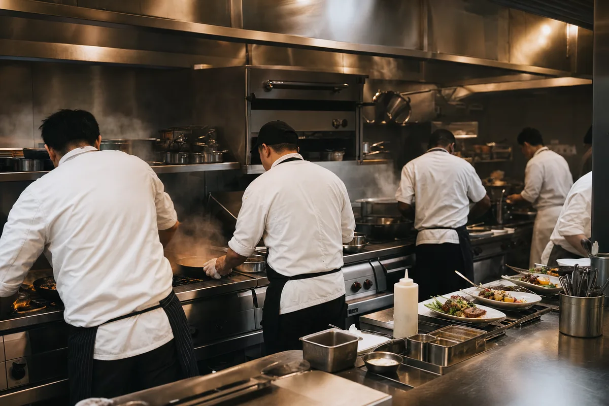 Cuisine de restaurant animée pendant un coup de feu avec plusieurs membres d’équipe au poste