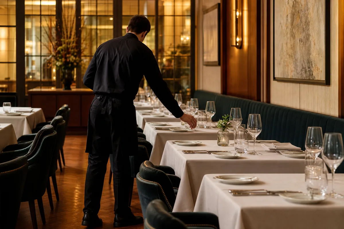 Serveur seul dressant plusieurs tables avant l’ouverture d’un restaurant