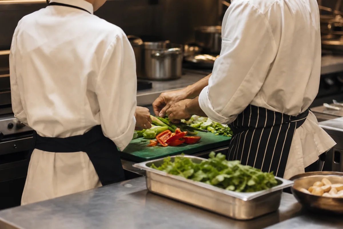 Jeune apprenti cuisinier en formation aux côtés d’un chef en cuisine professionnelle