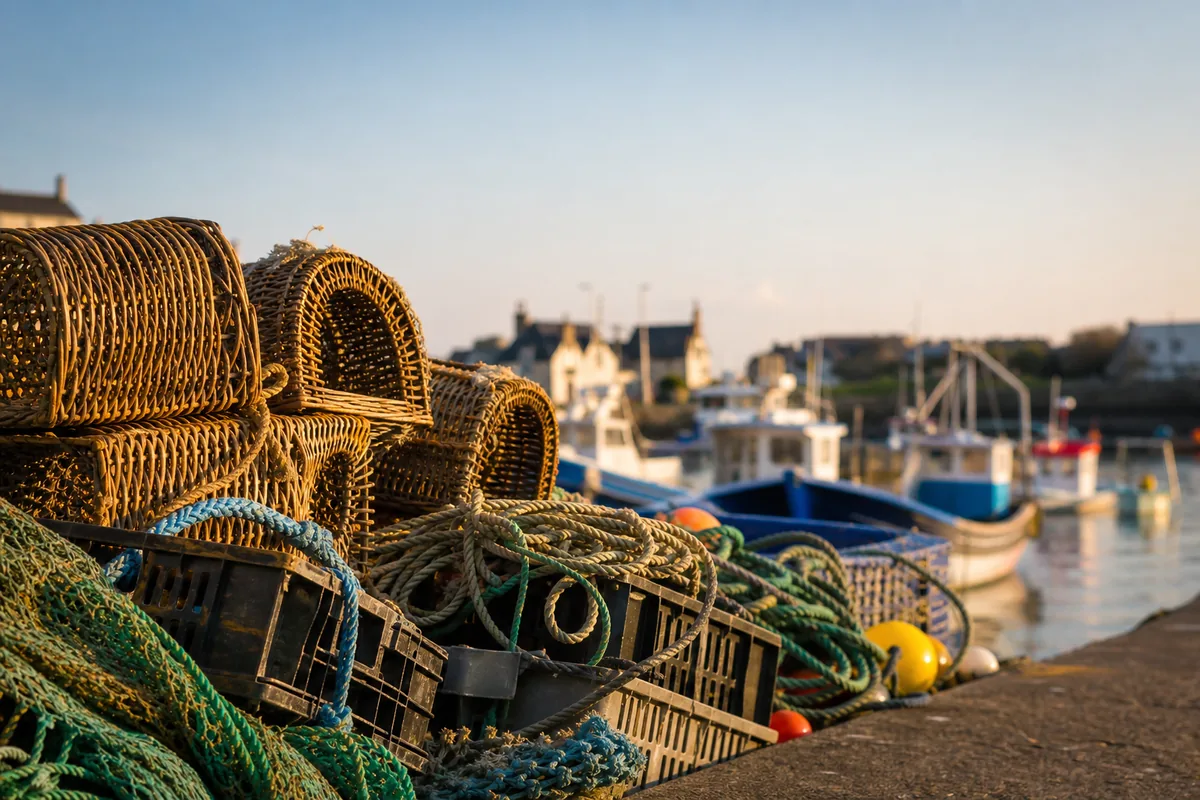 Casiers à crustacés empilés sur un quai de port de pêche breton