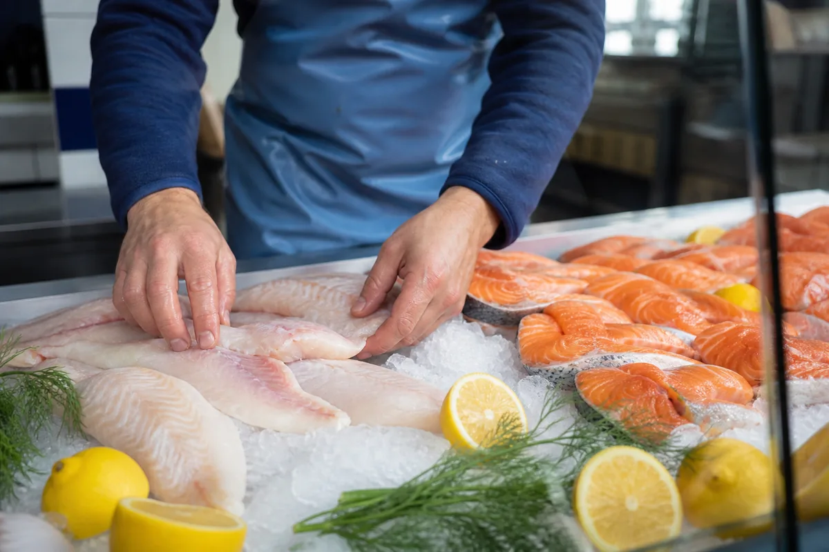 Poissonnier disposant des filets de poisson frais sur un lit de glace