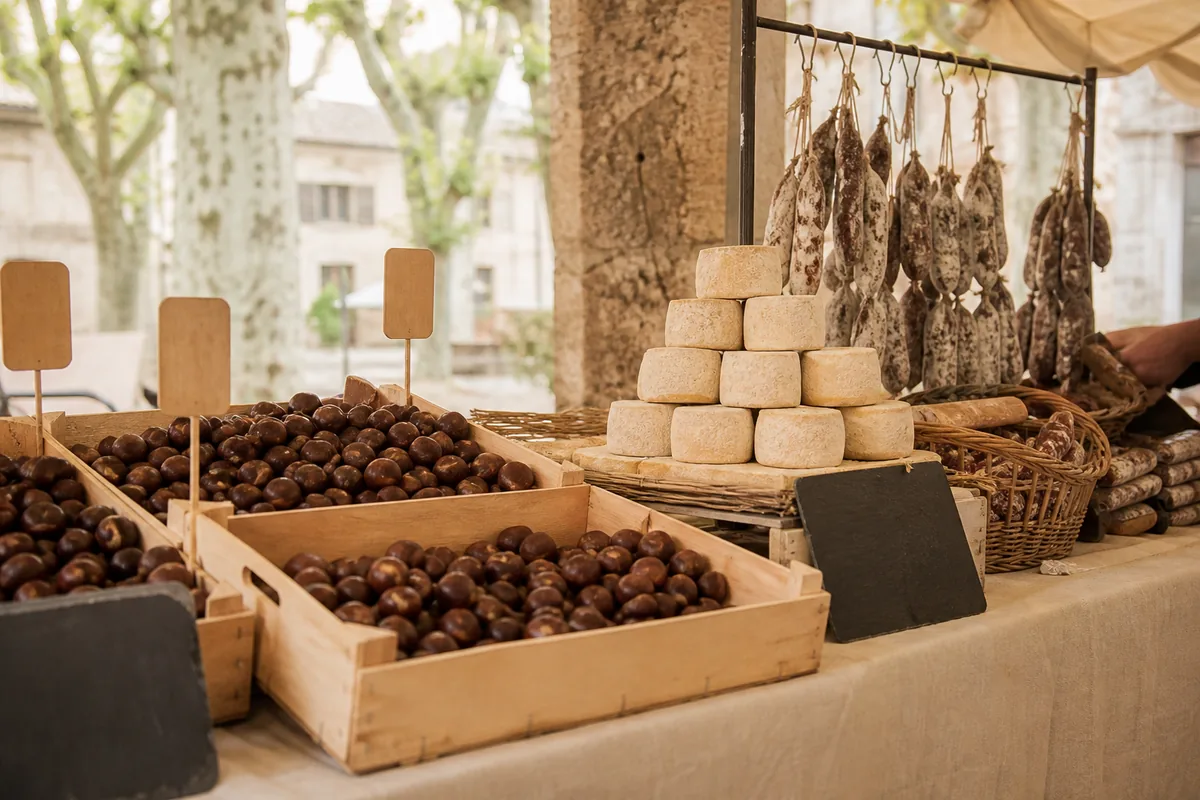 Étal de marché ardéchois avec châtaignes, picodons et charcuterie sèche