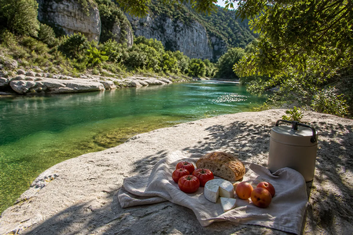 Pique-nique posé sur une roche au bord de la rivière dans les gorges