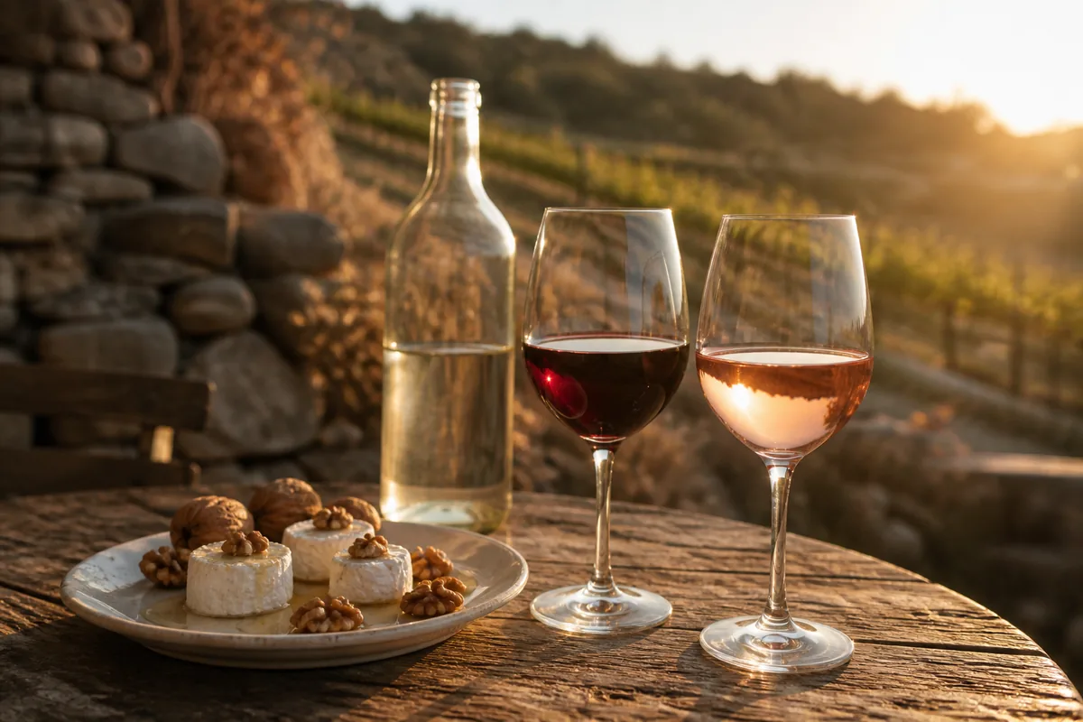 Verres de vin rouge et rosé posés près d’une assiette de fromage de chèvre